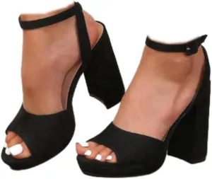 Generic Women's Heeled Sandals Block Chunky High Heels Open Toe Ankle Strap Dress Sandals Suede Platforms Wedges Pumps Shoes