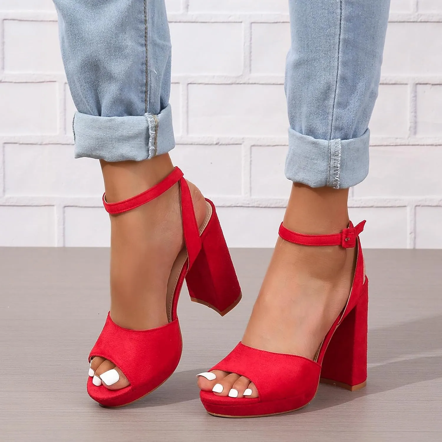 Generic Women's Heeled Sandals Block Chunky High Heels Open Toe Ankle Strap Dress Sandals Suede Platforms Wedges Pumps Shoes