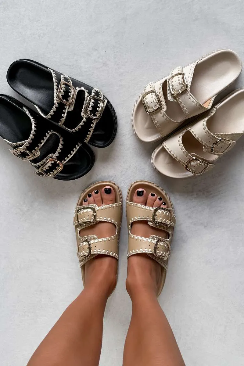 GIO Chunky Embroidered Buckle Sandals - Taupe