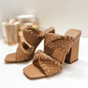 Giving Hope Braided Twist Block Heels in Tan