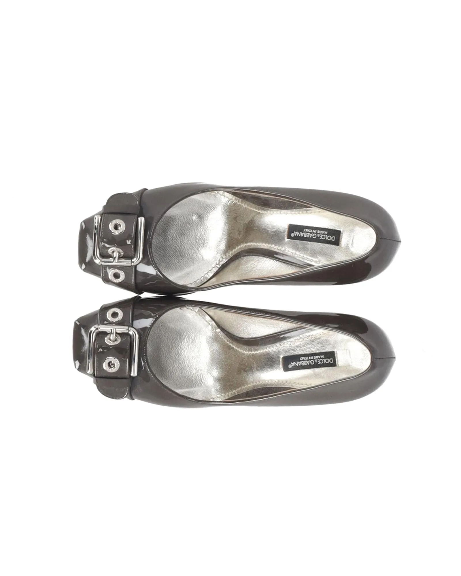Grey Patent Leather High Heel Pumps with Buckle Detail