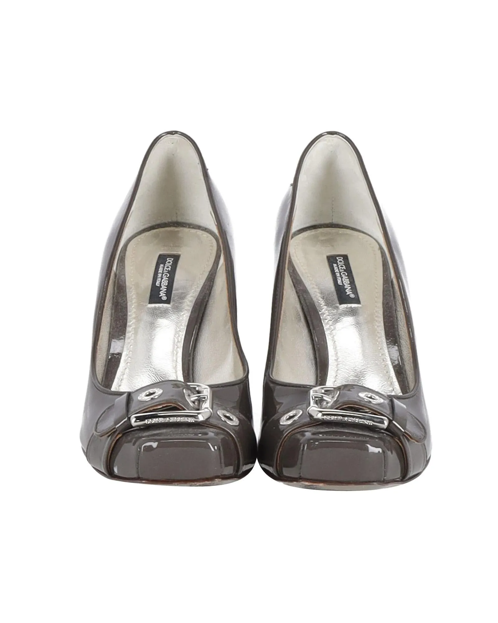 Grey Patent Leather High Heel Pumps with Buckle Detail