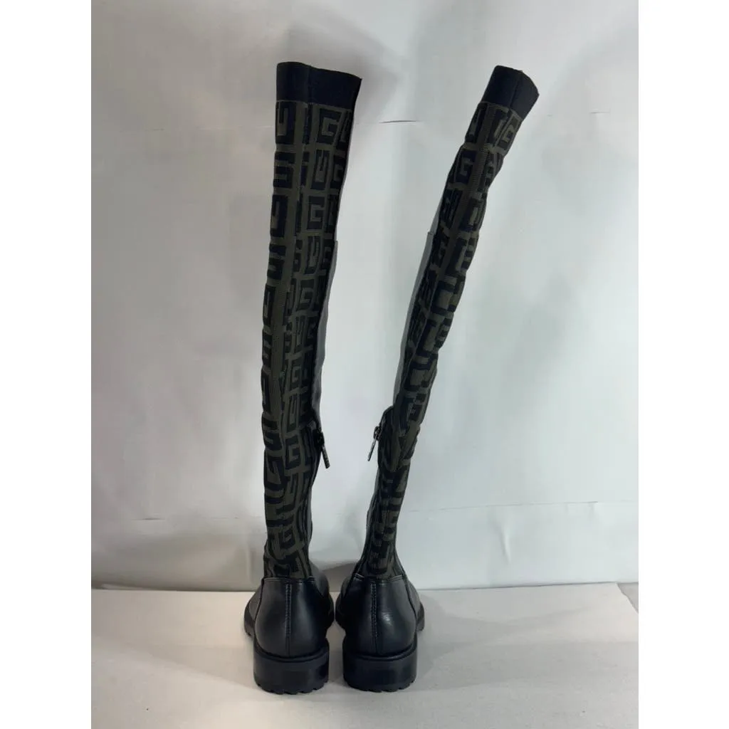 GUESS Women's Black/Taupe Remone Block-Heel Pull-on Knee High Boots SZ 7