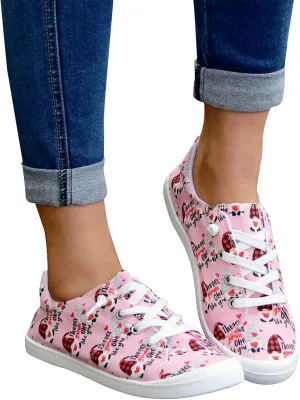 Gumipy Women's Lace-Up Loafers Valentine's Day Love Heart Print Fashion Sneaker Comfortable Lightweight Canvas Shoes Breathable Walking Shoes