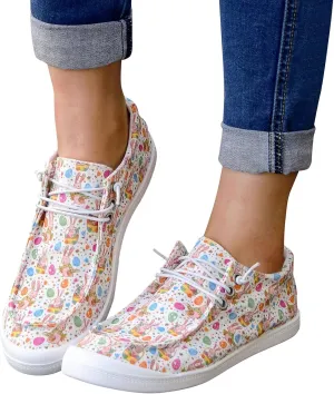 Gumipy Women's Lace-Up Loafers Valentine's Day Love Heart Print Fashion Sneaker Comfortable Lightweight Canvas Shoes Breathable Walking Shoes