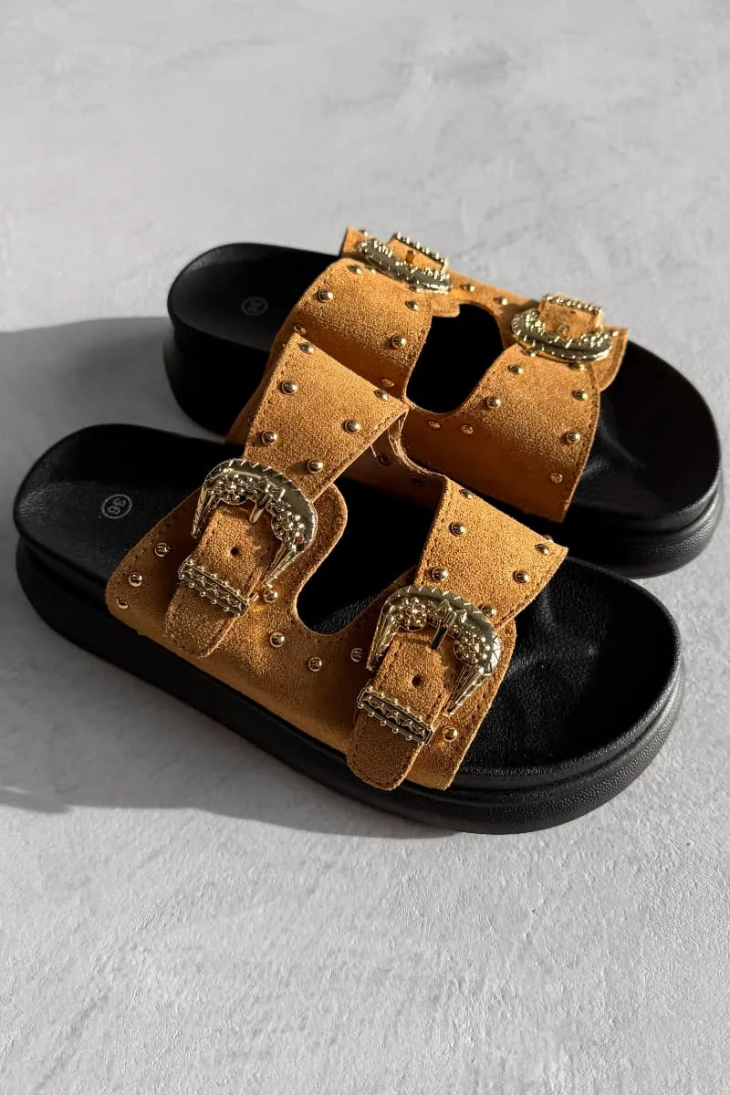 HAZEL Chunky Studded Buckle Sandals - Camel