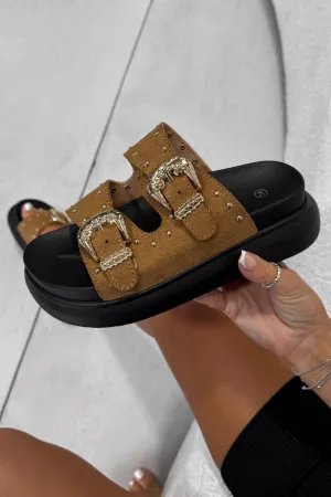 HAZEL Chunky Studded Buckle Sandals - Camel