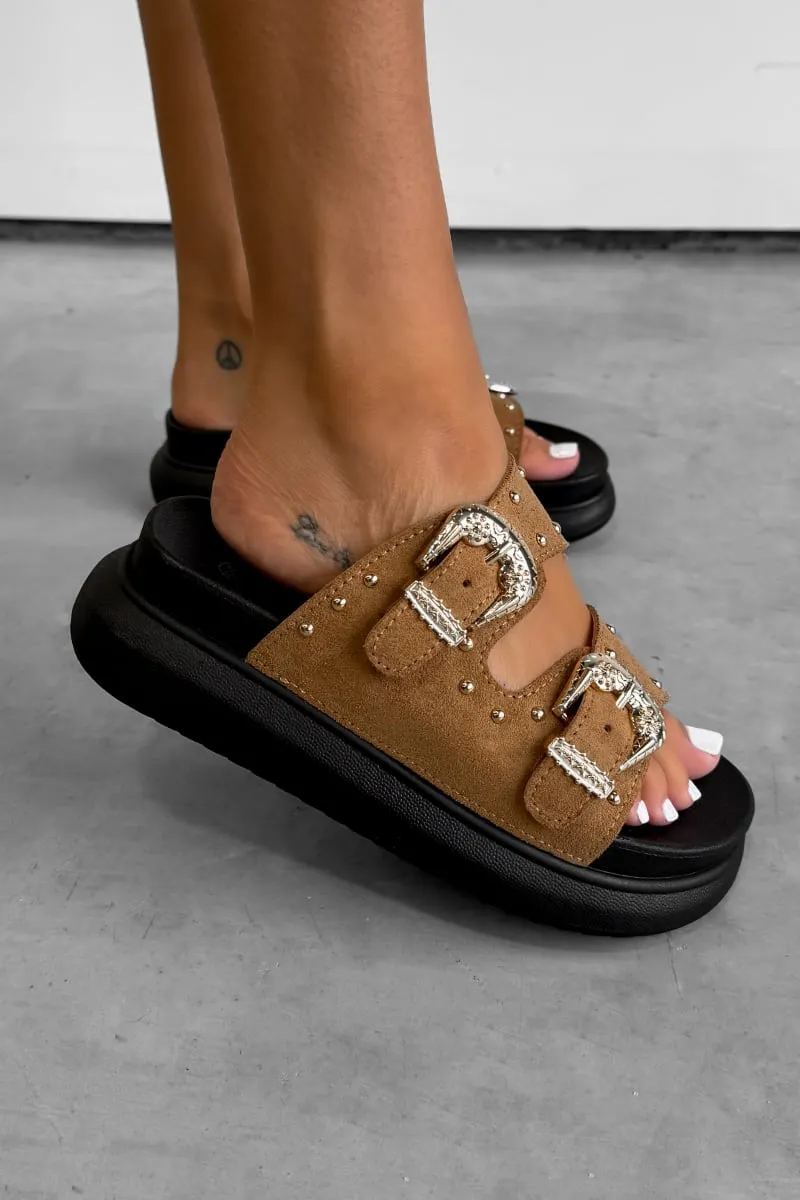 HAZEL Chunky Studded Buckle Sandals - Camel