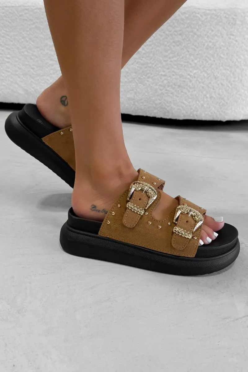 HAZEL Chunky Studded Buckle Sandals - Camel