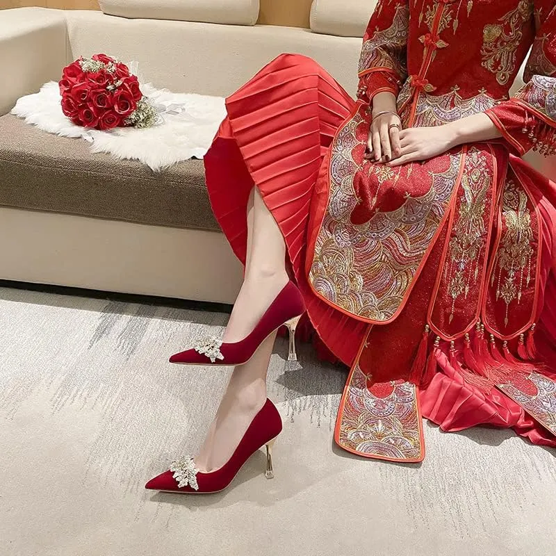 High Heels Women's Pearl Pumps Satin High Heels Stilettos Bridal Evening Dresses Women's Wedding Shoes (red 36)