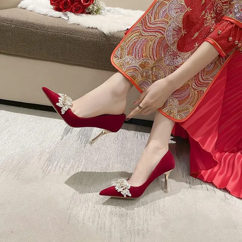 High Heels Women's Pearl Pumps Satin High Heels Stilettos Bridal Evening Dresses Women's Wedding Shoes (red 36)