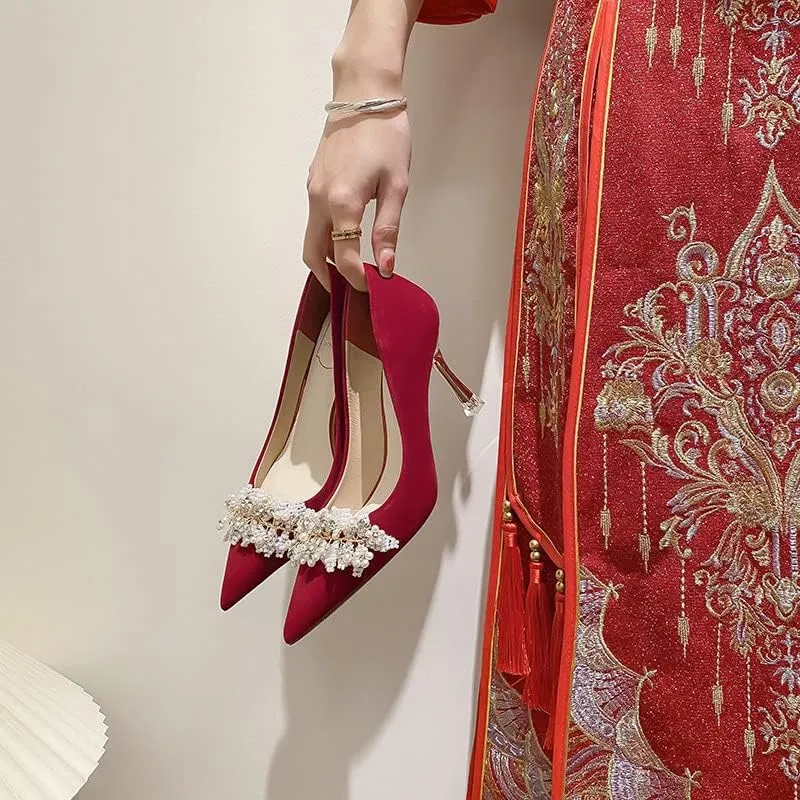 High Heels Women's Pearl Pumps Satin High Heels Stilettos Bridal Evening Dresses Women's Wedding Shoes (red 36)