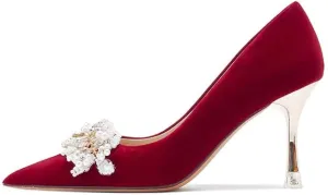 High Heels Women's Pearl Pumps Satin High Heels Stilettos Bridal Evening Dresses Women's Wedding Shoes (red 36)