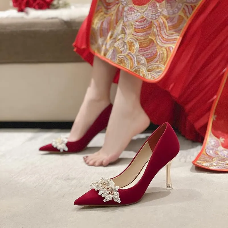 High Heels Women's Pearl Pumps Satin High Heels Stilettos Bridal Evening Dresses Women's Wedding Shoes (red 36)