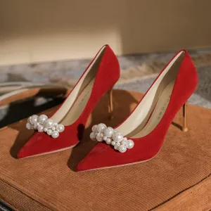 High Heels Women's Pearl Pumps Satin High Heels Stilettos Bridal Evening Dresses Women's Wedding Shoes (red 39)