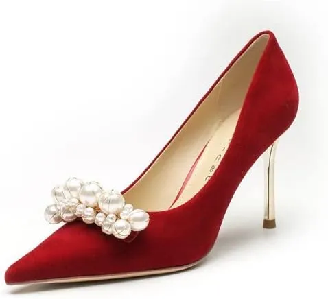 High Heels Women's Pearl Pumps Satin High Heels Stilettos Bridal Evening Dresses Women's Wedding Shoes (red 39)