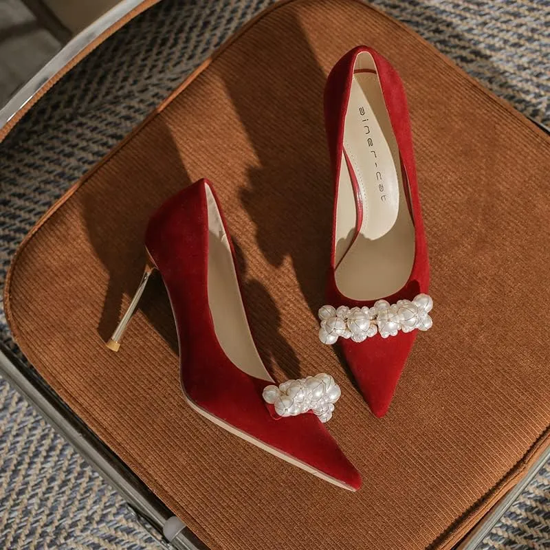 High Heels Women's Pearl Pumps Satin High Heels Stilettos Bridal Evening Dresses Women's Wedding Shoes (red 39)
