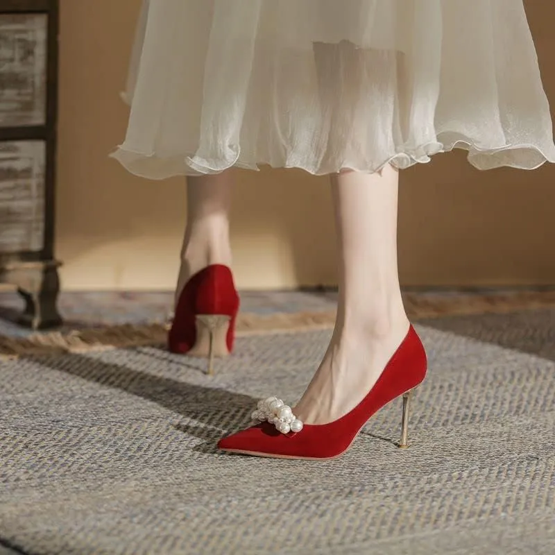 High Heels Women's Pearl Pumps Satin High Heels Stilettos Bridal Evening Dresses Women's Wedding Shoes (red 39)