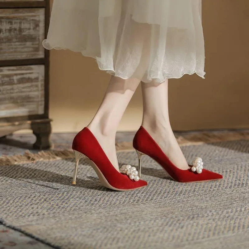 High Heels Women's Pearl Pumps Satin High Heels Stilettos Bridal Evening Dresses Women's Wedding Shoes (red 39)