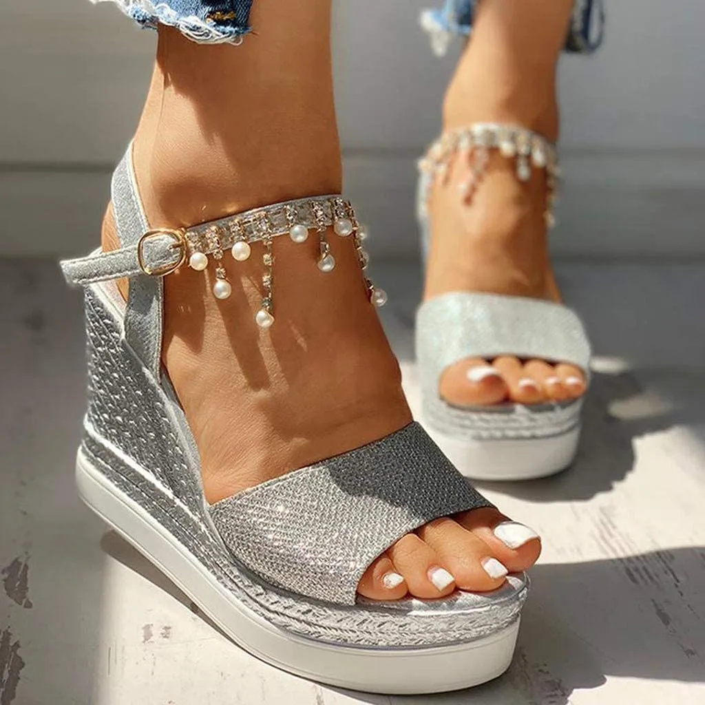 HINDOLA Women's Espadrille Wedge Platform Sandals Summer Dressy with Pearl Open Toe Beach Shoes Ankle Strap Buckle High Heels Sandals