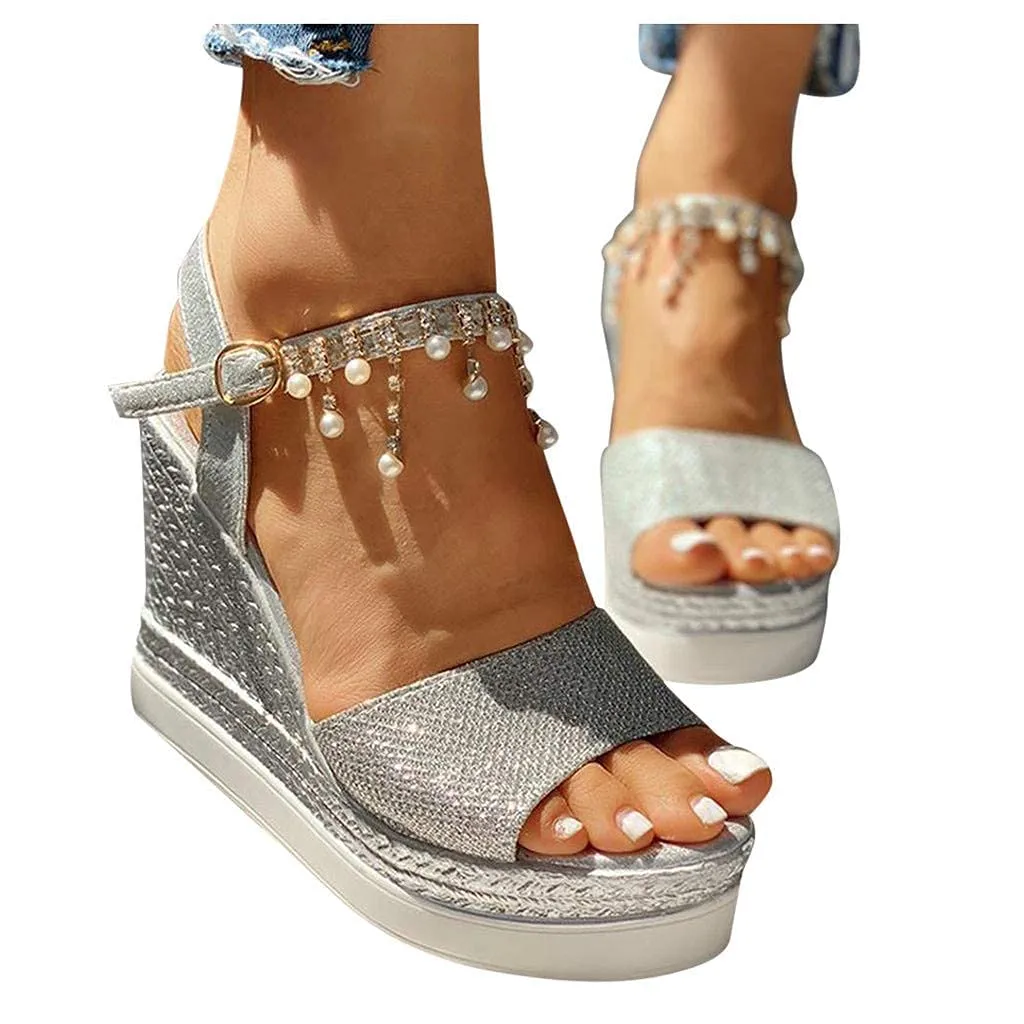 HINDOLA Women's Espadrille Wedge Platform Sandals Summer Dressy with Pearl Open Toe Beach Shoes Ankle Strap Buckle High Heels Sandals
