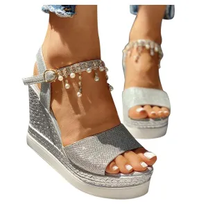 HINDOLA Women's Espadrille Wedge Platform Sandals Summer Dressy with Pearl Open Toe Beach Shoes Ankle Strap Buckle High Heels Sandals