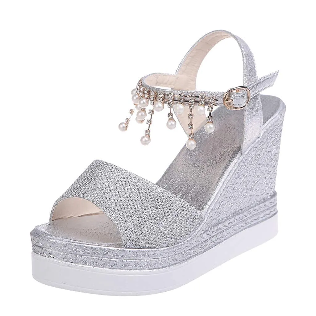 HINDOLA Women's Espadrille Wedge Platform Sandals Summer Dressy with Pearl Open Toe Beach Shoes Ankle Strap Buckle High Heels Sandals