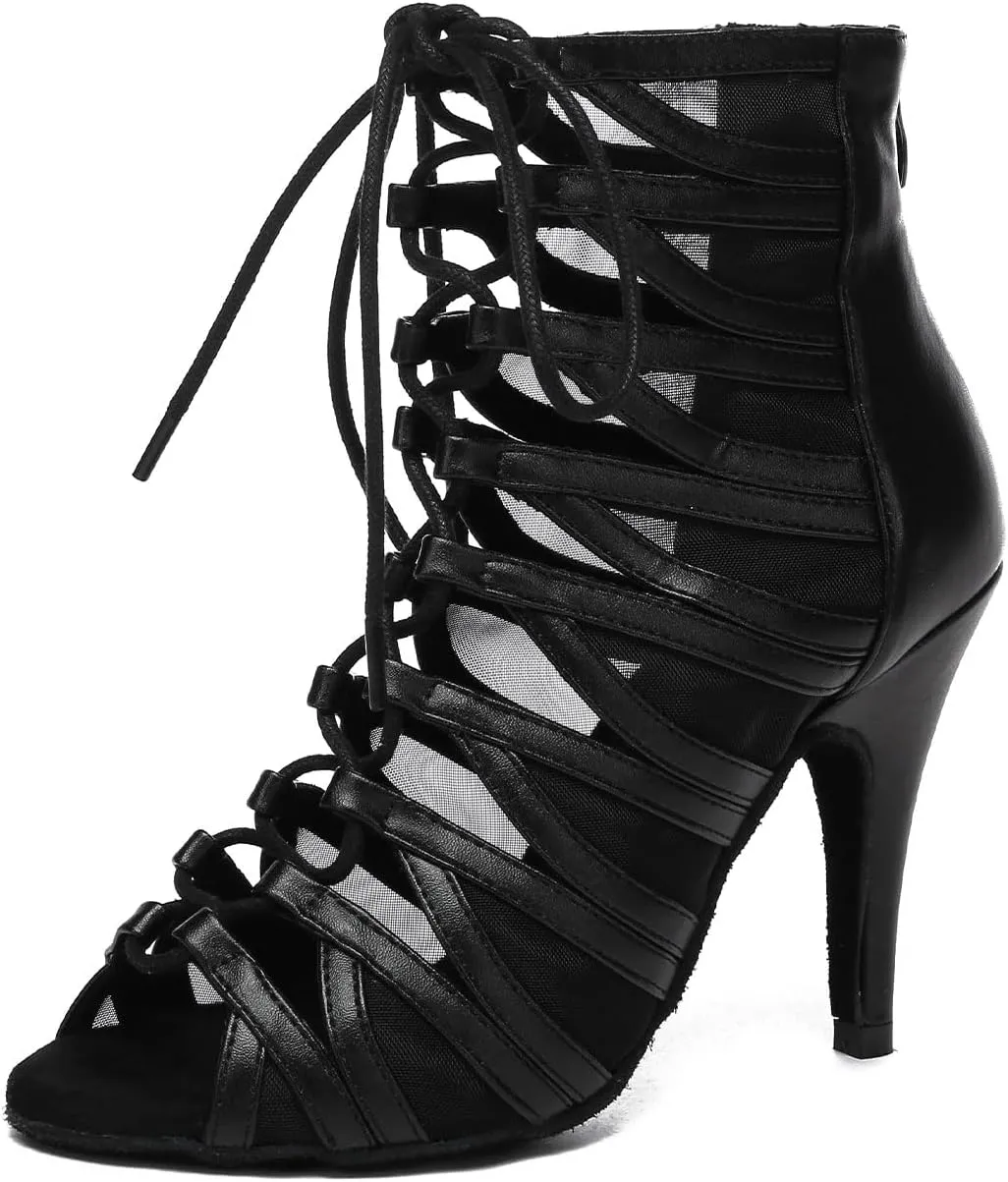 HIPPOSEUS Women's Heels Dance Shoes Lace up Peep Toe High Heel Ballroom Dance Boots Suede Sole Dance Heels