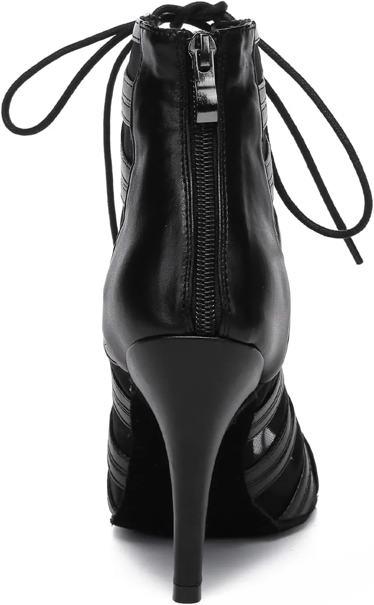 HIPPOSEUS Women's Heels Dance Shoes Lace up Peep Toe High Heel Ballroom Dance Boots Suede Sole Dance Heels