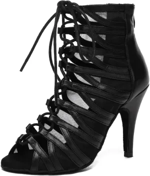 HIPPOSEUS Women's Heels Dance Shoes Lace up Peep Toe High Heel Ballroom Dance Boots Suede Sole Dance Heels