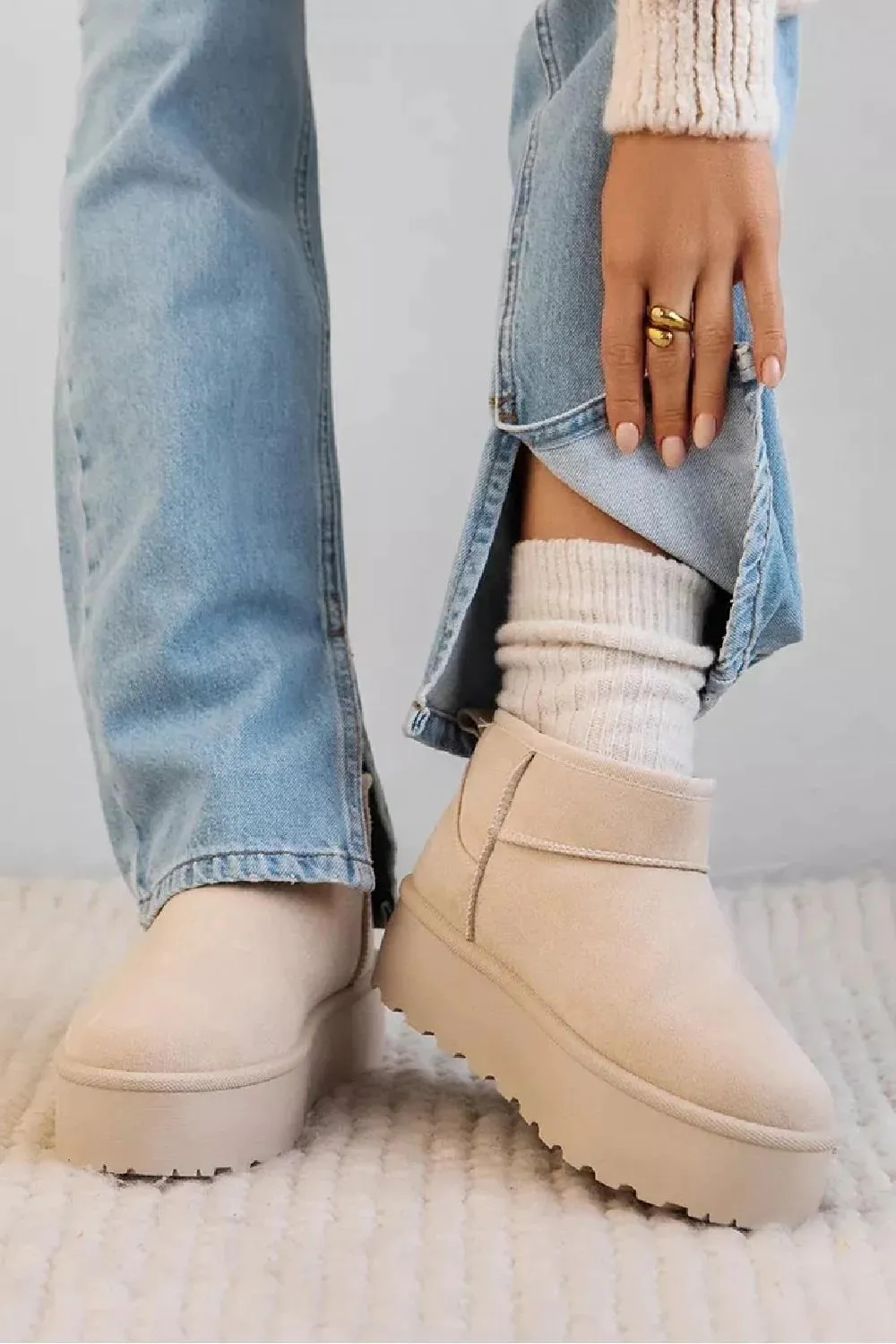 H.O.S Ultra Mini Beige Platform Womens Fur Lined Ankle Boots