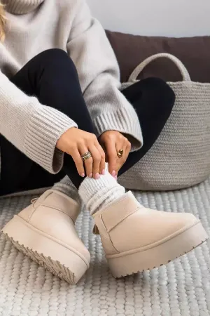 H.O.S Ultra Mini Beige Platform Womens Fur Lined Ankle Boots
