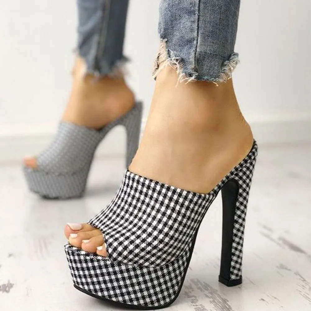 Houndstooth Plaid High Heel Platform Stiletto Mule Sandals