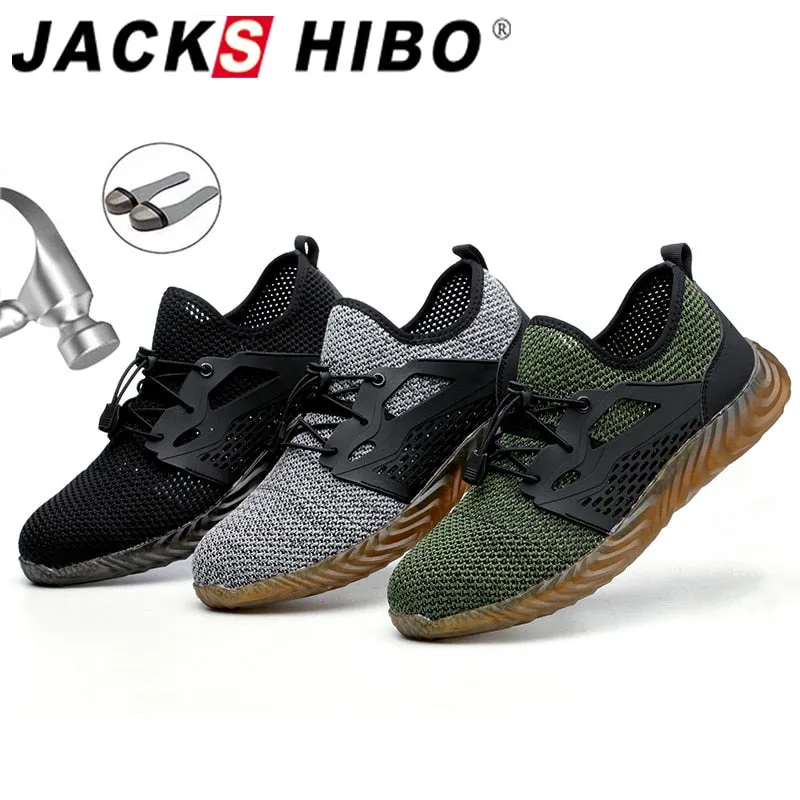 JACKSHIBO  Work Safety Shoes For Men Summer Breathable Boots Working Steel Toe Anti-Smashing Construction Safety Work Sneakers