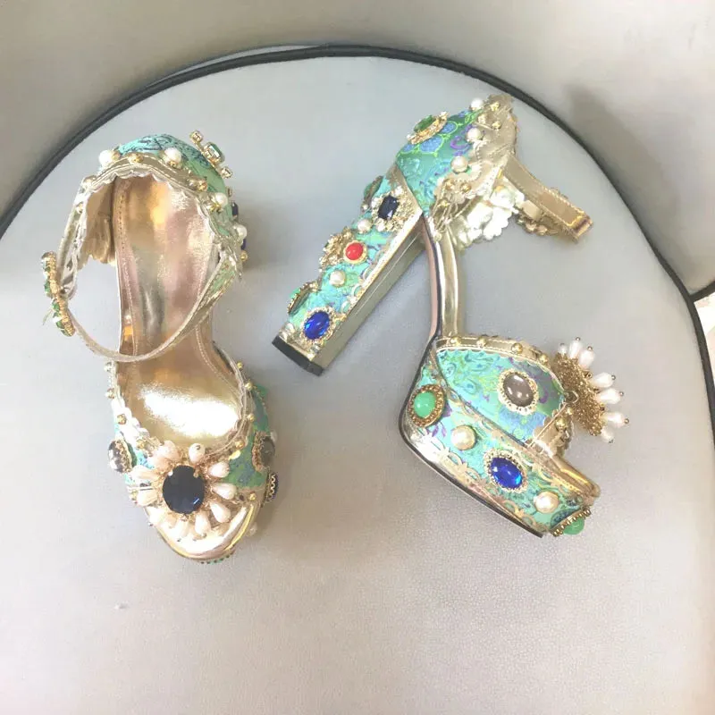 Jewel-Embellished Metallic Platform Sandals