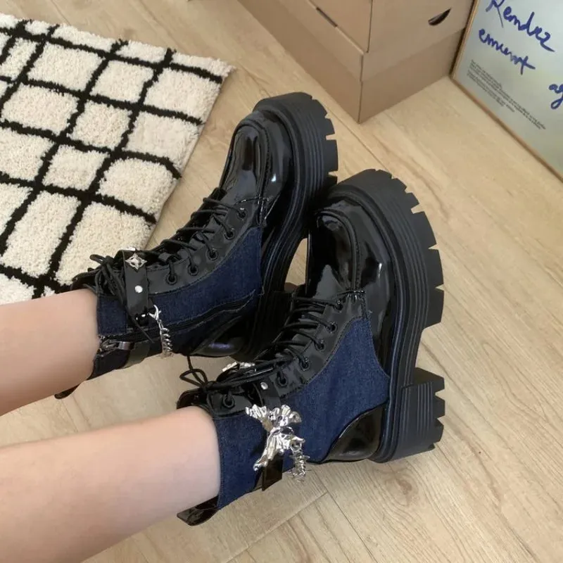 Joskaa Women Fashion Platform Boots 2024 Autumn Winter Designer Gothic Zipper Ankle Boots High Heels Motorcycle Boots Bota De Vaqueiro