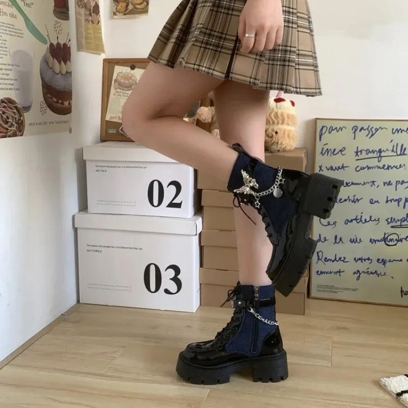Joskaa Women Fashion Platform Boots 2024 Autumn Winter Designer Gothic Zipper Ankle Boots High Heels Motorcycle Boots Bota De Vaqueiro