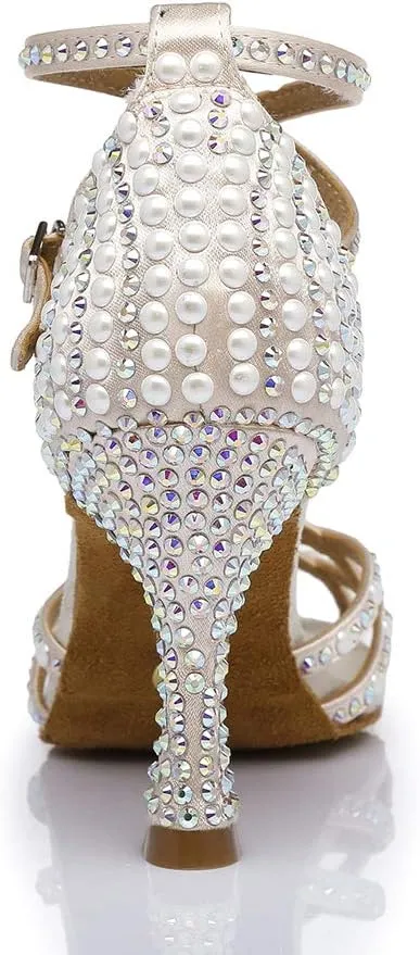 JUODVMP Women's Latin Dance Shoes Satin Ballroom Dance Shoes Braided Salsa Professional Dance Shoes