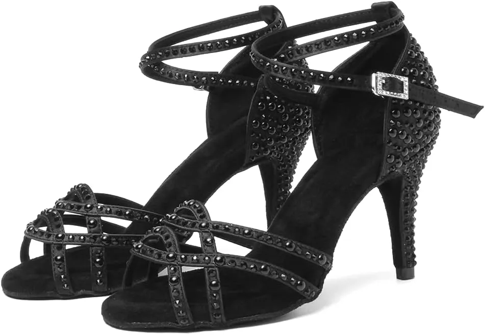 JUODVMP Women's Latin Dance Shoes Satin Ballroom Dance Shoes Braided Salsa Professional Dance Shoes