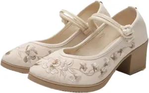 JYHBHMZG Embroider Cotton Fabric Women Heels Ethnic Style Pumps Ladies Summer Sandals Spring Shoes Beige 7