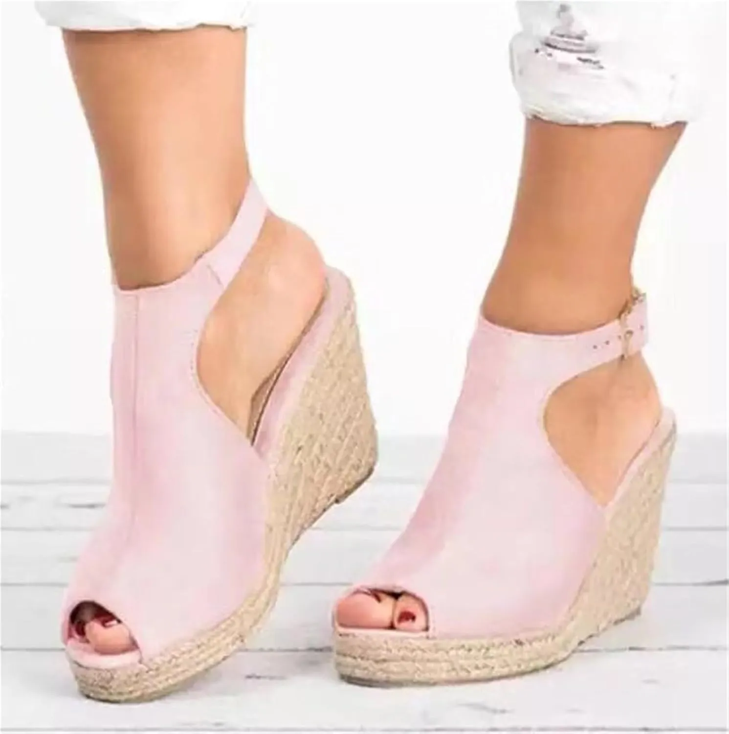 Ladies Fashion Solid Color Sandals Platform High Heels Wedges Casual Buckle Shoes