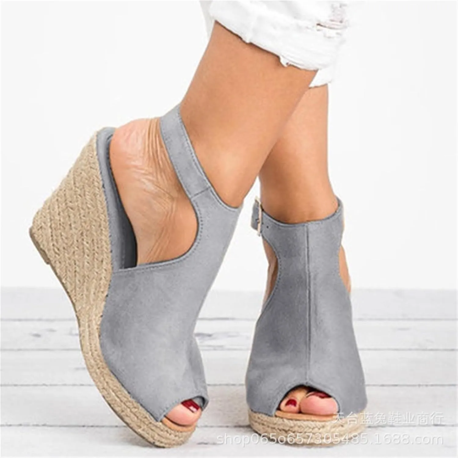 Ladies Fashion Solid Color Sandals Platform High Heels Wedges Casual Buckle Shoes