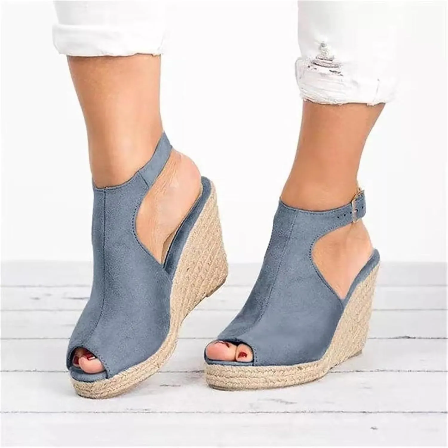 Ladies Fashion Solid Color Sandals Platform High Heels Wedges Casual Buckle Shoes