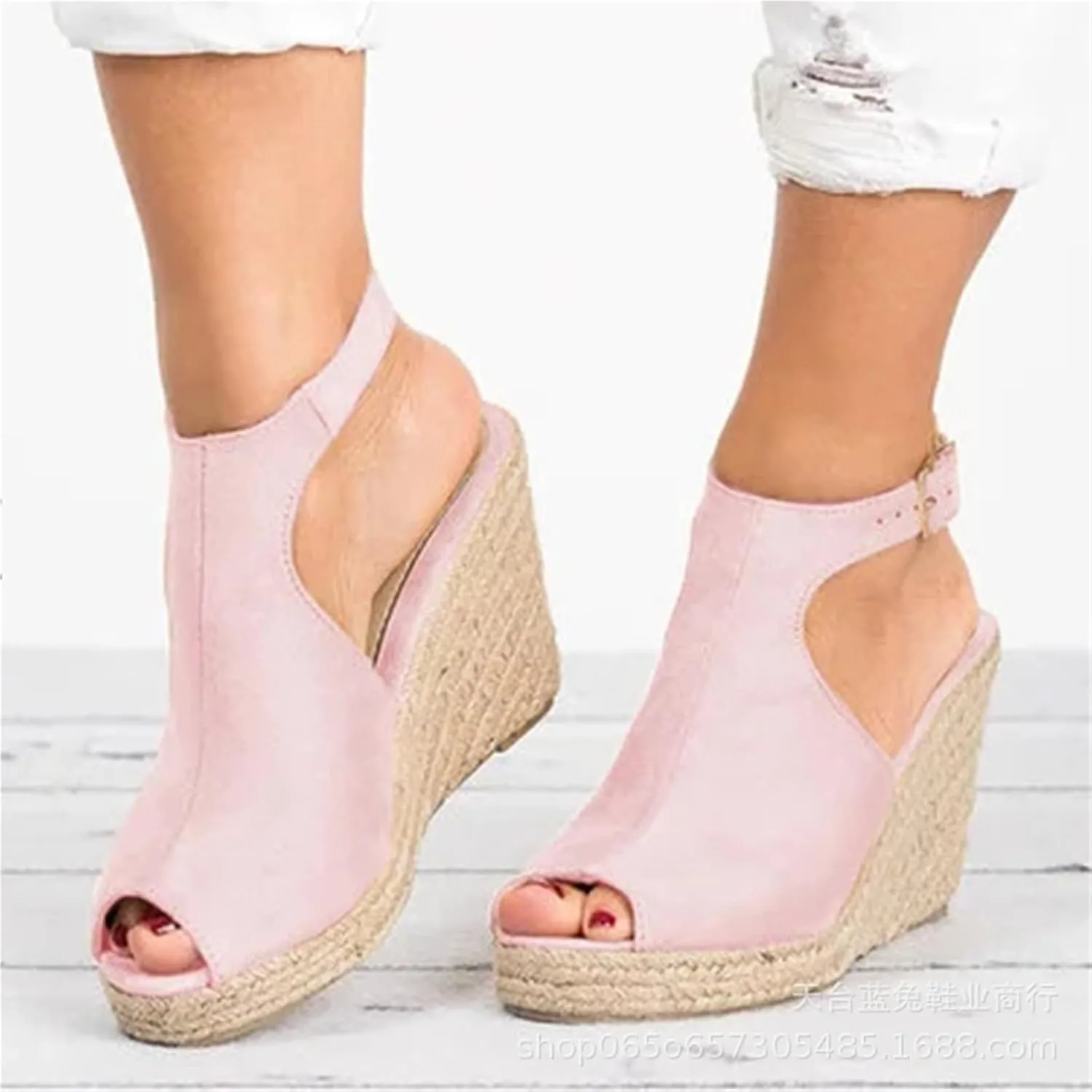 Ladies Fashion Solid Color Sandals Platform High Heels Wedges Casual Buckle Shoes