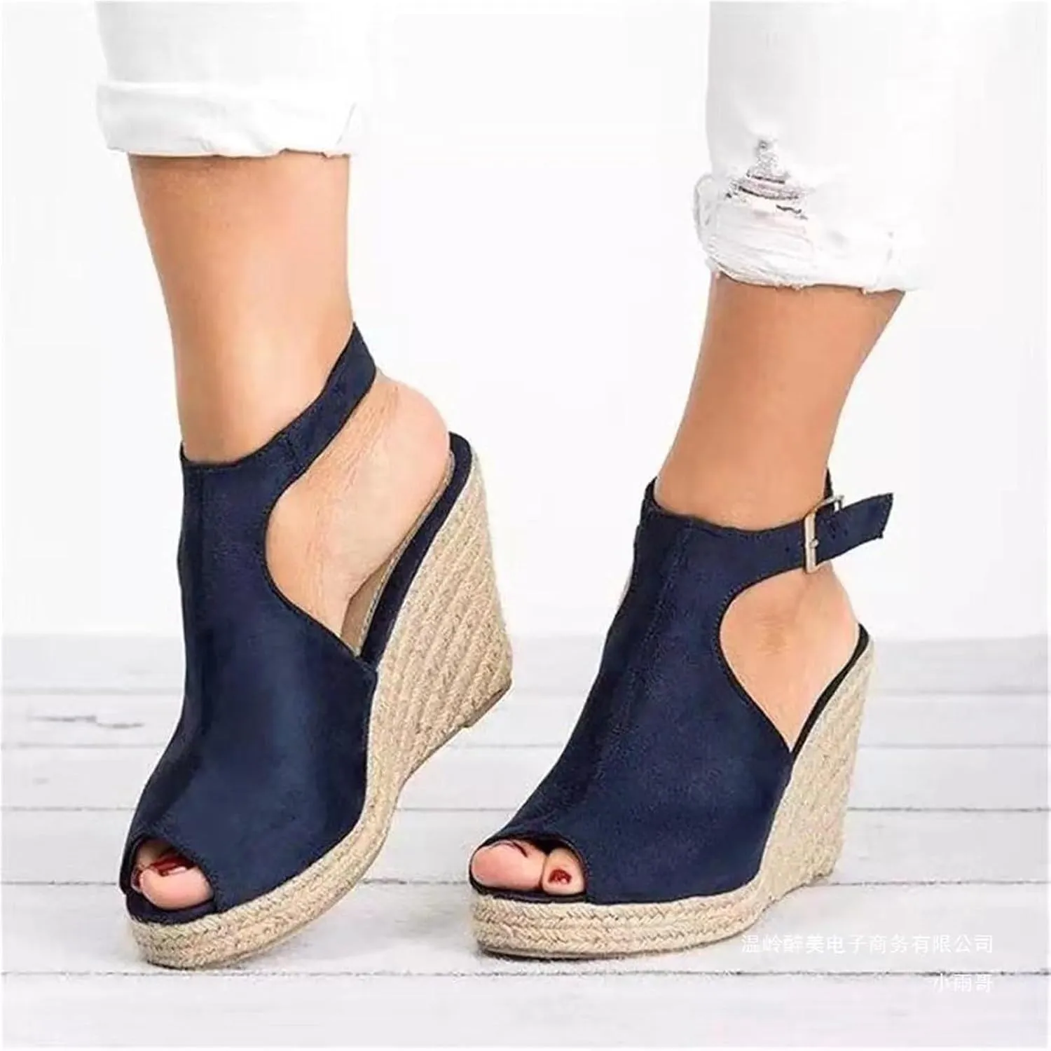 Ladies Fashion Solid Color Sandals Platform High Heels Wedges Casual Buckle Shoes