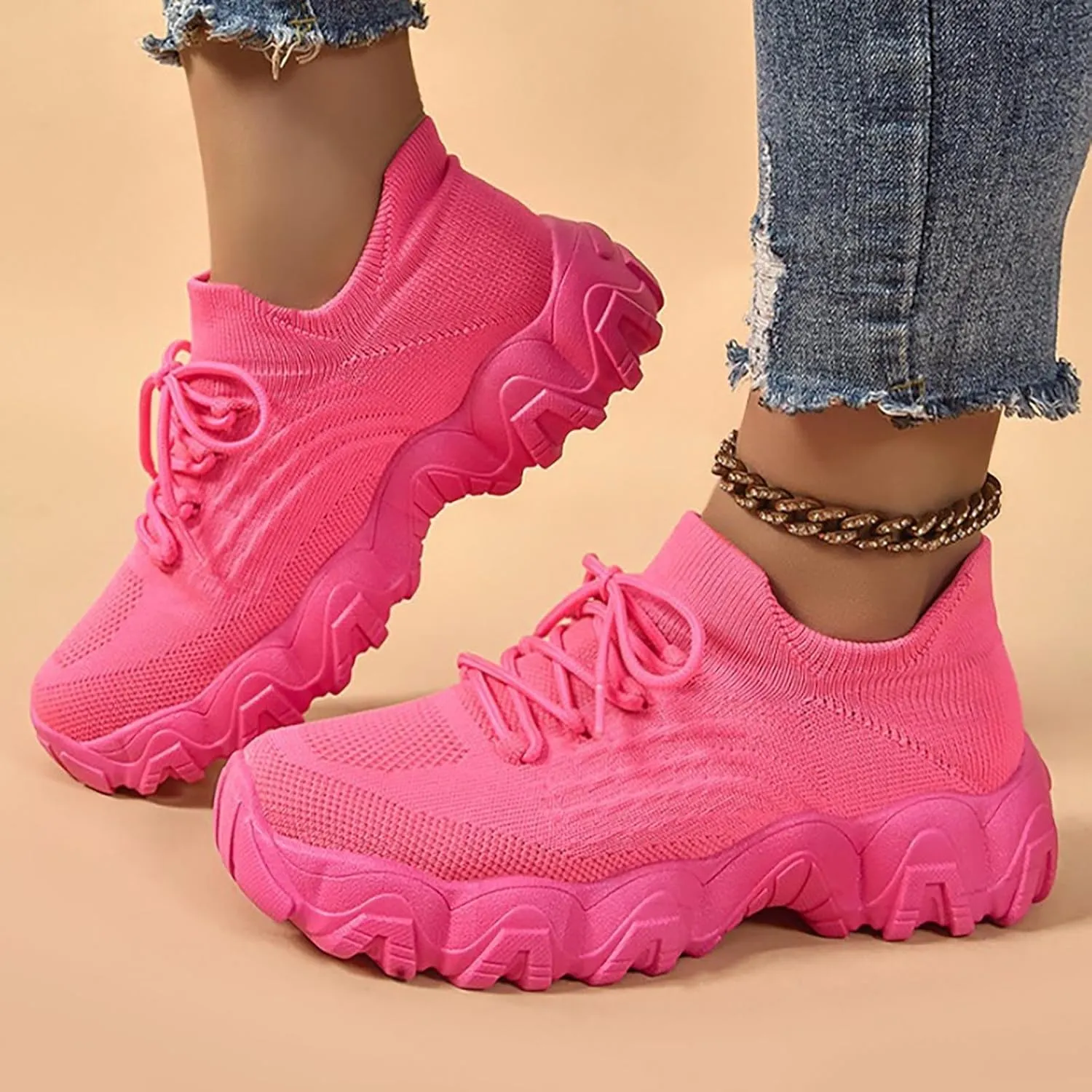 Ladies Mesh Orthopedic Sneakers Breathable Lace-up Walking Running Shoes Comfortable Tennis Shoes Non Slip Lightweight Casual Womens Thick Sole Sneaker