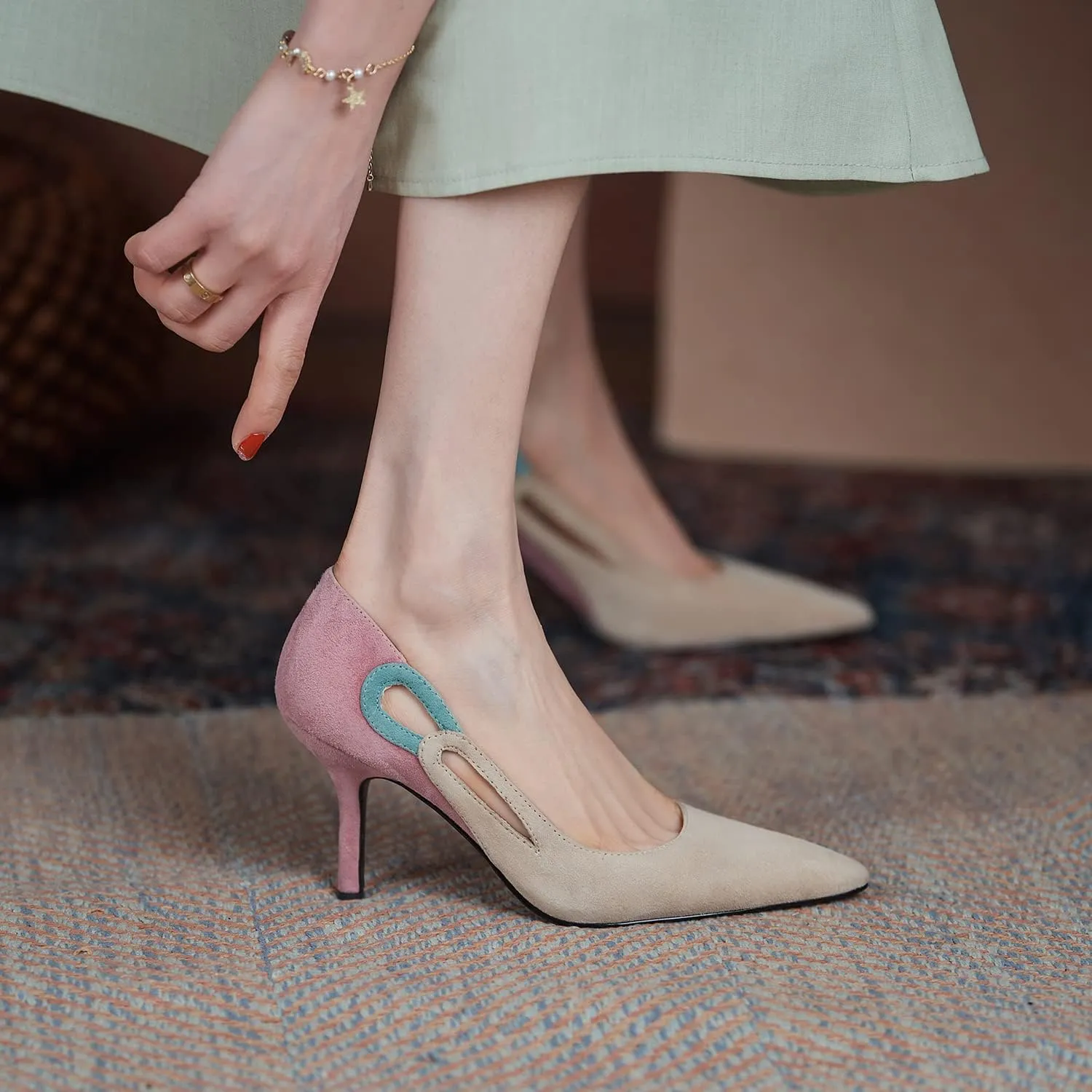 LEHOOR Women Kitten Heel Pumps Pointed Toe Suede Stilettos High Heel Dress Shoes Rainbow Slip On 2.5Heels Cutout Sandals Multicolor Patchwork for Bridal Wedding Office Ladies Evening Party 4-11 M US