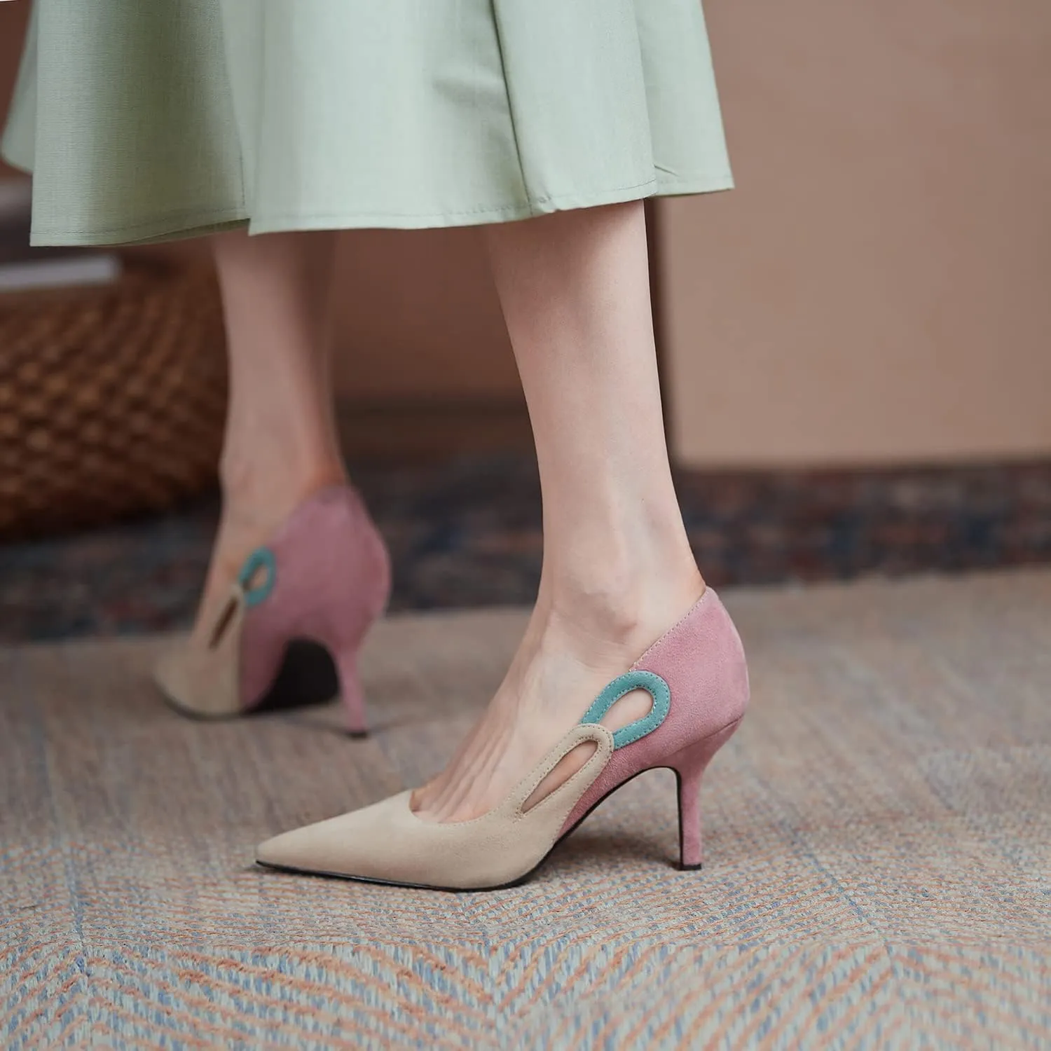 LEHOOR Women Kitten Heel Pumps Pointed Toe Suede Stilettos High Heel Dress Shoes Rainbow Slip On 2.5Heels Cutout Sandals Multicolor Patchwork for Bridal Wedding Office Ladies Evening Party 4-11 M US