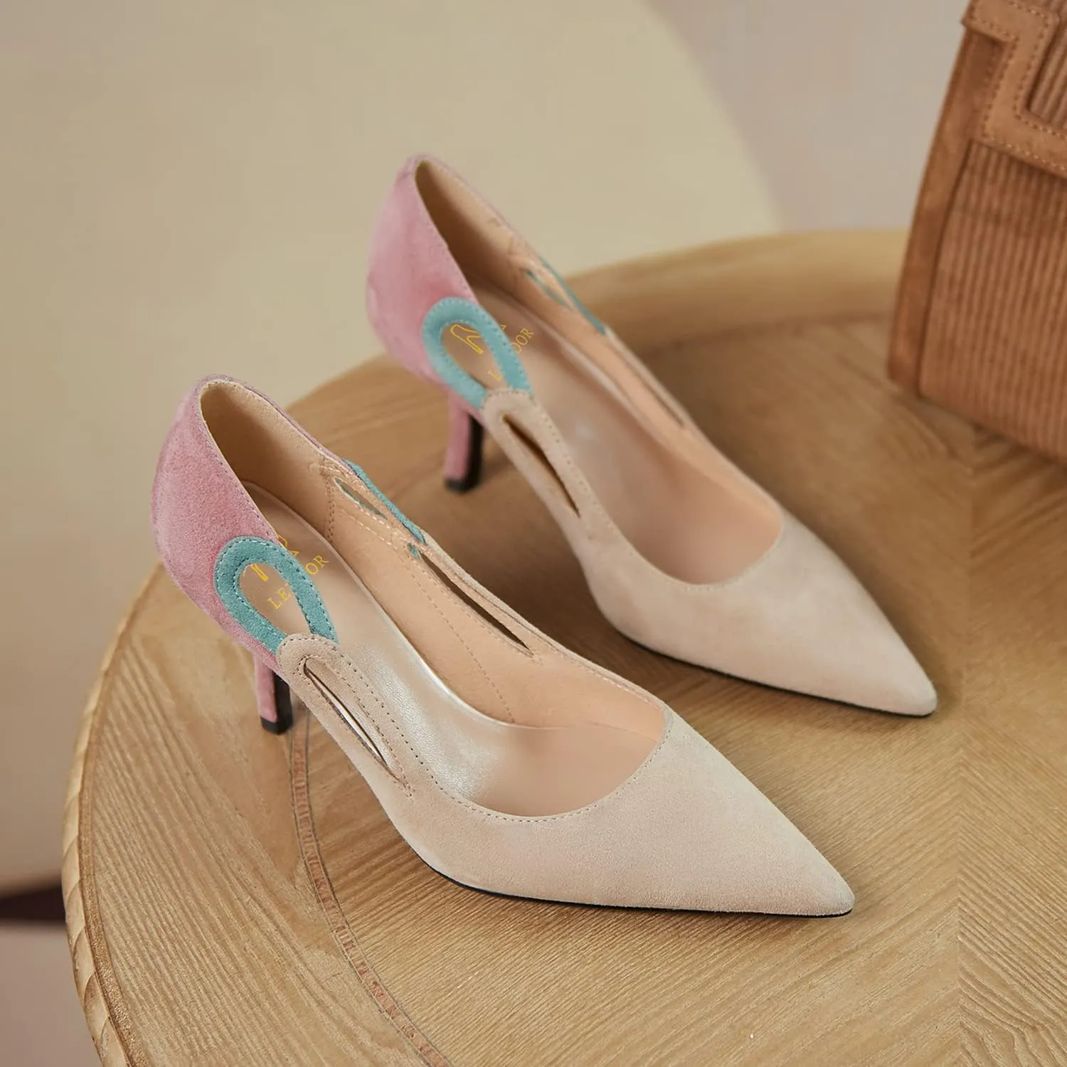 LEHOOR Women Kitten Heel Pumps Pointed Toe Suede Stilettos High Heel Dress Shoes Rainbow Slip On 2.5Heels Cutout Sandals Multicolor Patchwork for Bridal Wedding Office Ladies Evening Party 4-11 M US