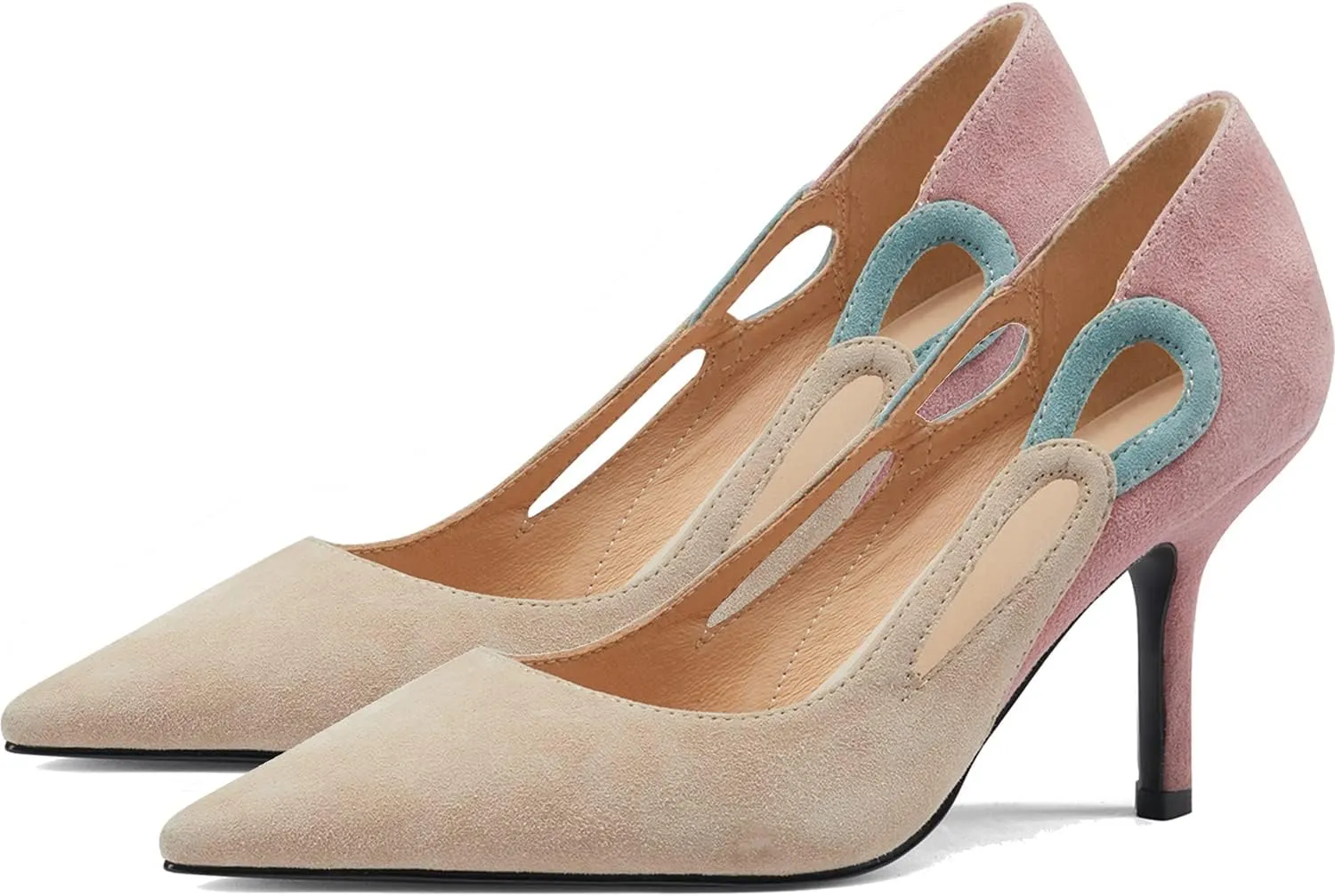 LEHOOR Women Kitten Heel Pumps Pointed Toe Suede Stilettos High Heel Dress Shoes Rainbow Slip On 2.5Heels Cutout Sandals Multicolor Patchwork for Bridal Wedding Office Ladies Evening Party 4-11 M US